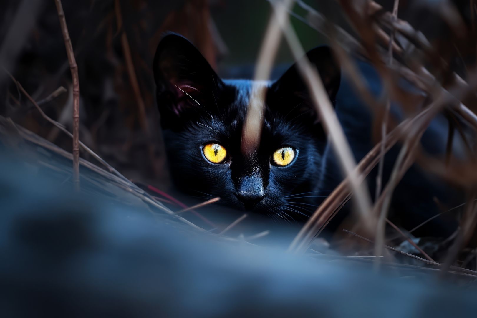 a black cat with yellow eyes hiding in the grass.jpg